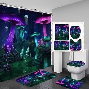 New Set of 4 PCS Mushroom Shower Curtain Set And Mats